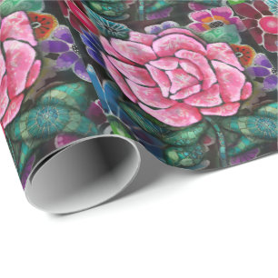 Papier Cadeau Fleur rose rose fantaisiste Art nouveau botanique