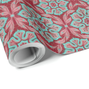 Papier Cadeau "Fleur rouge et turquoise" floral arabesque