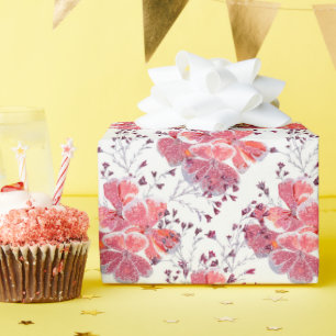 Papier Cadeau Fleur rouge rose sur blanc.