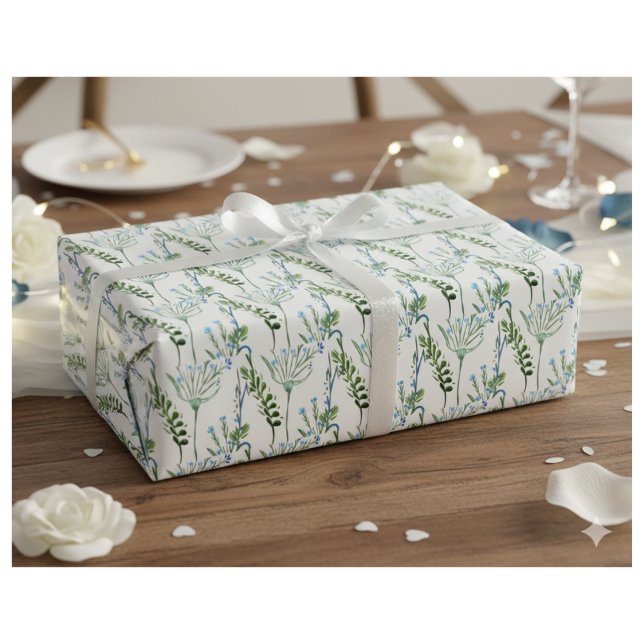 Papier Cadeau Fleur sauvage aquarelle bleu vert  (Créateur téléchargé)