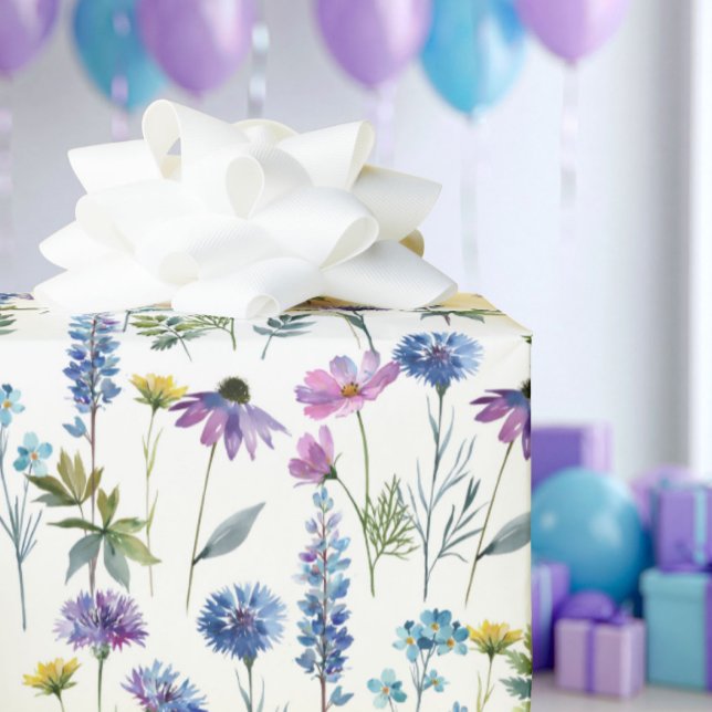 Papier Cadeau Fleur Sauvage Aquarelle Bleu Violet (Créateur téléchargé)