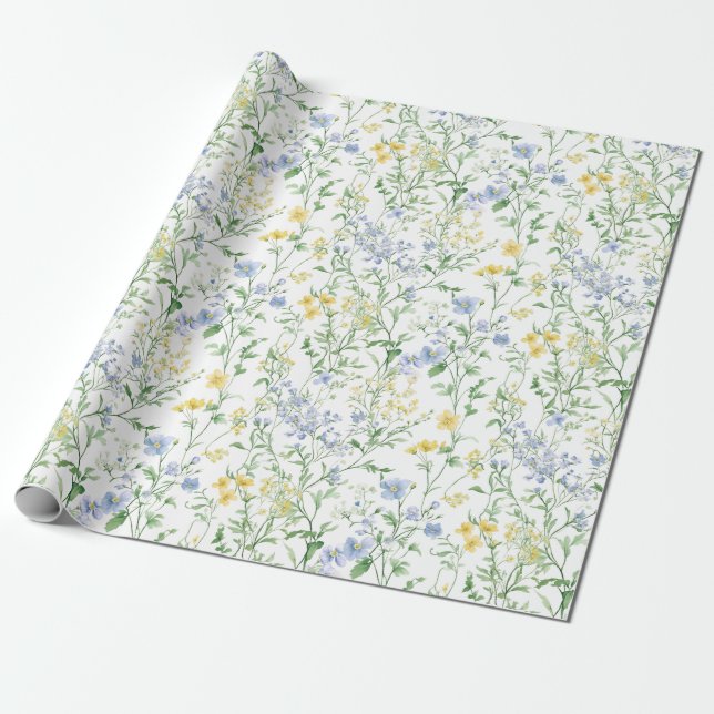 Papier Cadeau Fleur sauvage aquarelle bleue (Déroulé)
