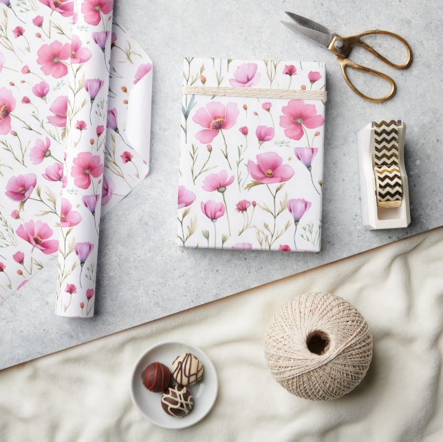 Papier Cadeau Fleur sauvage aquarelle rose  (Artisanat)