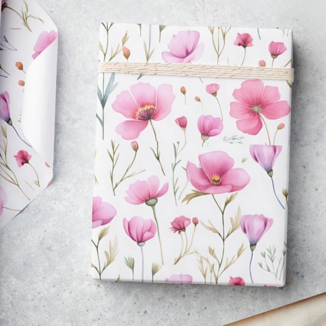 Papier Cadeau Fleur sauvage aquarelle rose  (Créateur téléchargé)