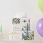 Papier Cadeau Fleur sauvage bleu Mariage/douche Félicitations<br><div class="desc">De magnifiques fleurs sauvages violets,  jaunes et bleus ont également été personnalisés avec les noms de mariés et de mariés. Conçu pour la douche nuptiale ou mariage,  anniversaire et autres.</div>