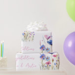 Papier Cadeau Fleur sauvage bleu Mariage/douche Félicitations<br><div class="desc">De magnifiques fleurs sauvages roses et bleus ont également été personnalisés avec les noms des mariés et des mariés. Conçu pour la douche nuptiale ou mariage,  anniversaire et autres.</div>