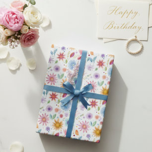 Papier Cadeau Fleur Sauvage Bleu Violet Rose Bohème