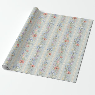 Papier Cadeau Fleur Sauvage Bleue Dentelle Rayure Aquarelle Cade