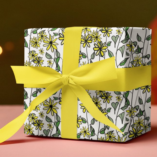 Papier Cadeau Fleur sauvage Daisy Motif Cute Boho Dessin À La Ma (Immerse yourself in the tranquility of the Yellow Wildflowers Collection -- hand-drawn and unique.)