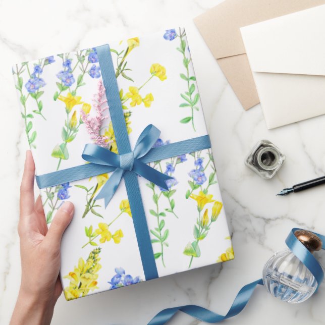 Papier Cadeau Fleur sauvage jaune bleu aquarelle botanique (Cadeaux)
