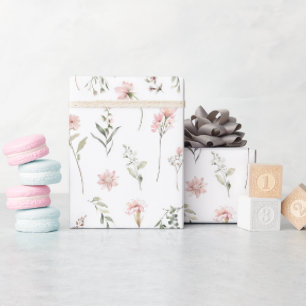 Papier Cadeau fleur sauvage rose et vert sauge