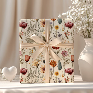 Papier Cadeau Fleur sauvage séchée vintage bordeaux rose jaune