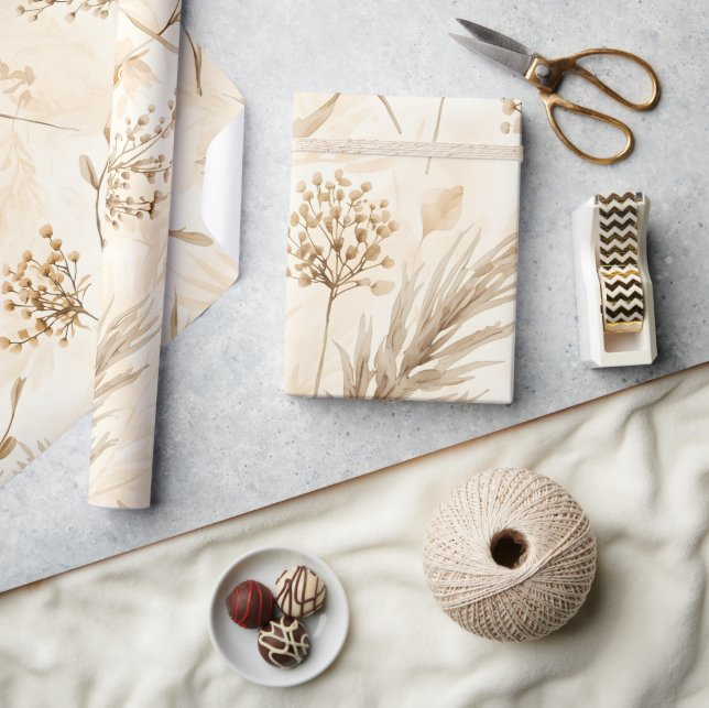 Papier Cadeau Fleur Séchée Botanique Beige (Artisanat)