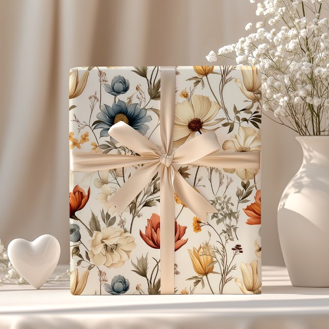 Papier Cadeau Fleur séchée vintage Navy Terracotta (Créateur téléchargé)