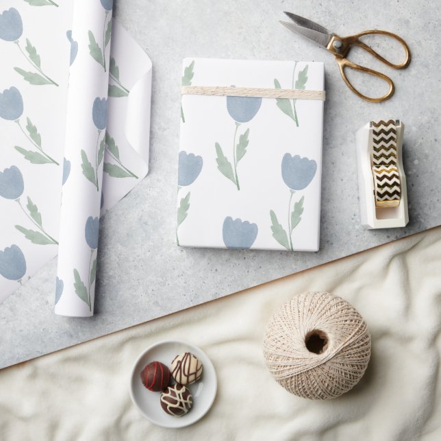 Papier Cadeau Fleur simple aquarelle bleu poussiéreux (Artisanat)
