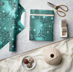 Papier Cadeau Fleur stylée sarcelle pailletée et brillante avec 