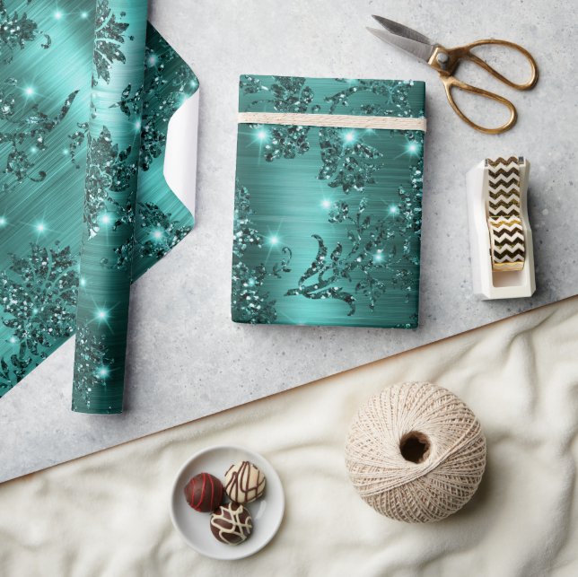 Papier Cadeau Fleur stylée sarcelle pailletée et brillante avec  (Artisanat)
