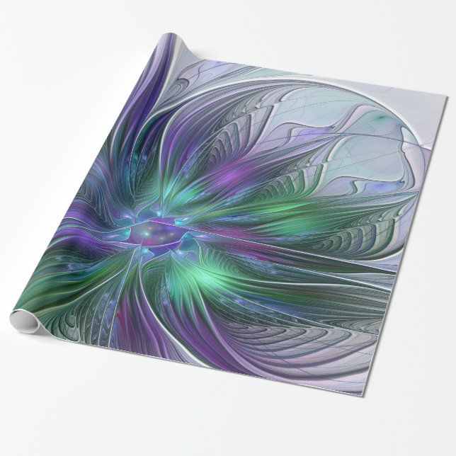 Papier Cadeau Fleur verte abstraite moderne fractale violette (Déroulé)