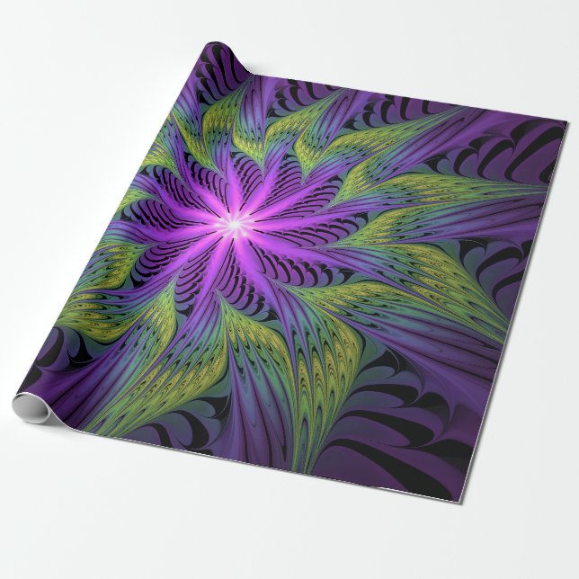 Papier Cadeau Fleur verte violette Art abstrait fractal moderne (Déroulé)