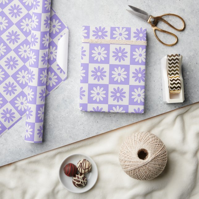 Papier Cadeau Fleur violette À damiers Motif rétro (Artisanat)