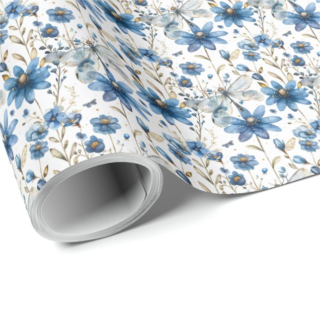 Papier cadeau fleuriste Libellule bleue et fleurs (Coin rond)