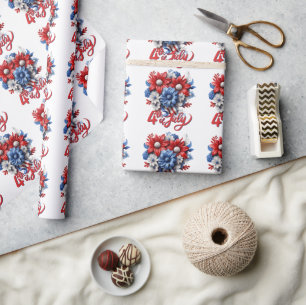 Papier Cadeau Fleurs 4 juillet en bleu blanc et bleu patriotique