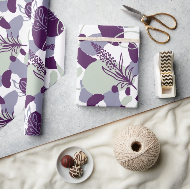 Papier Cadeau Fleurs abstraites artistiques | Bleu marine et ros (Artisanat)