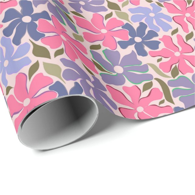 Papier Cadeau Fleurs Abstraites Roses et Violettes Joyeuses (Coin rond)