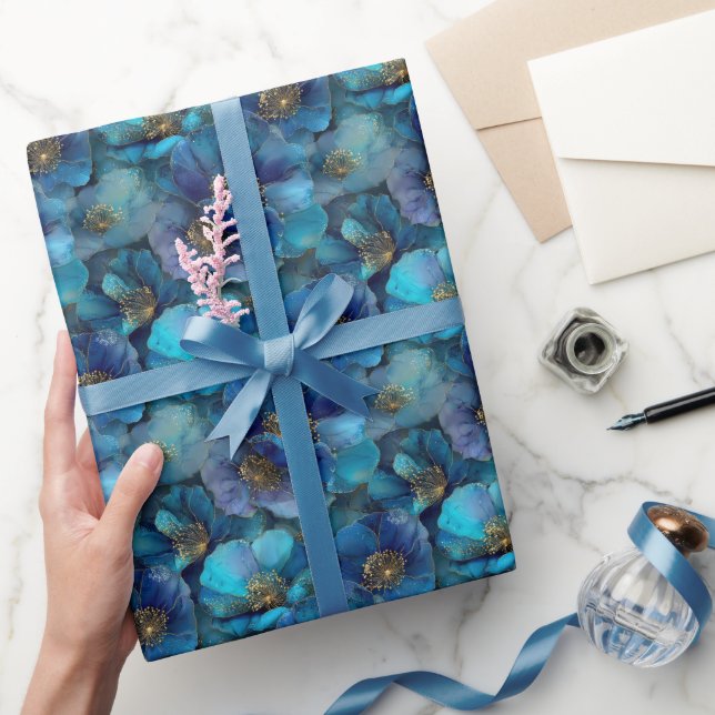 Papier Cadeau Fleurs aquarelles abstraites bleu or  (Cadeaux)