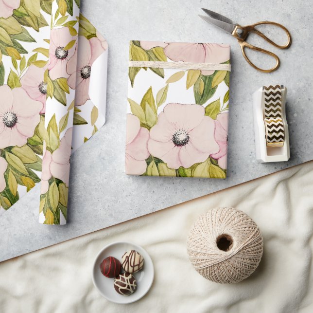 Papier Cadeau Fleurs Aquarelles Anémoniques Soft Rose Peint À La (Artisanat)