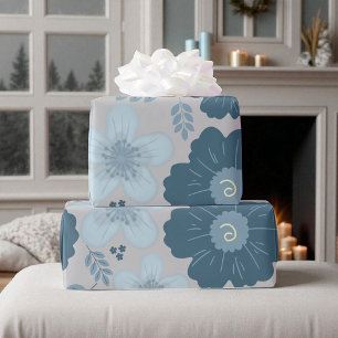 Papier Cadeau Fleurs aquarelles bleu argent