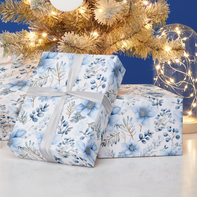 Papier Cadeau Fleurs aquarelles bleues élégantes (Vacances)