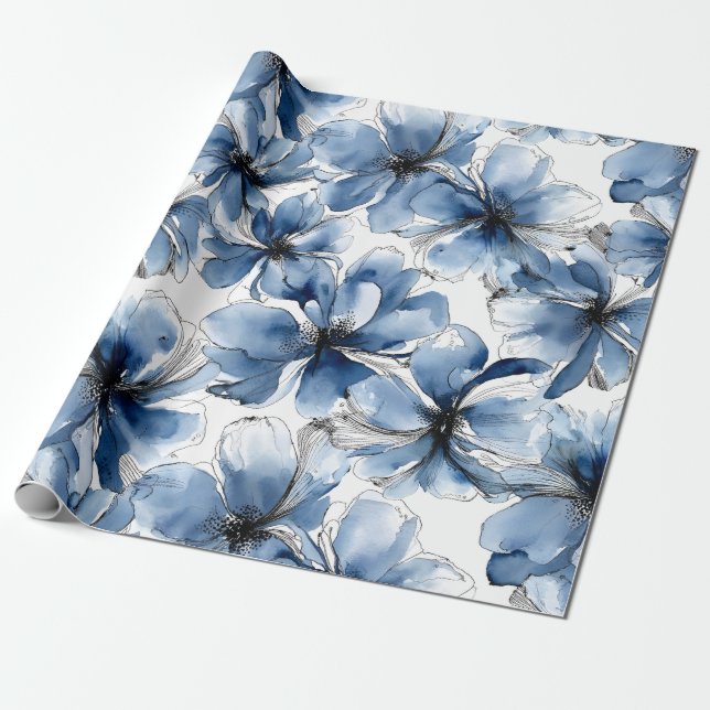 Papier Cadeau Fleurs aquarelles bleues et blanches abstraites (Déroulé)