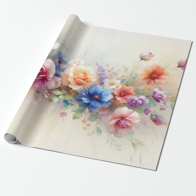 Papier Cadeau Fleurs Aquarelles Élégant Moderne Modèle Cadeau (Déroulé)
