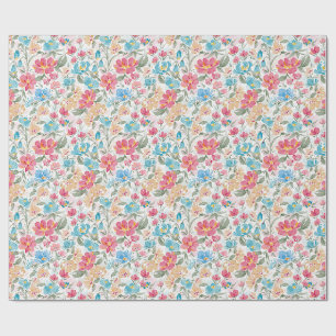 Papier Cadeau Fleurs aquarelles en rose et bleu