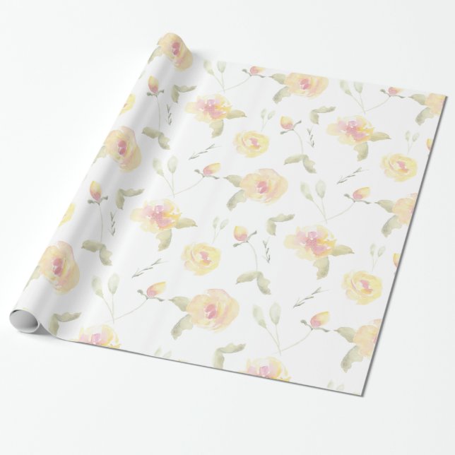 Papier Cadeau Fleurs Aquarelles Jaune Citron Shower de Mariée (Déroulé)