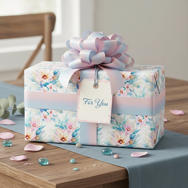 Papier Cadeau Fleurs aquarelles roses et bleues (Créateur téléchargé)
