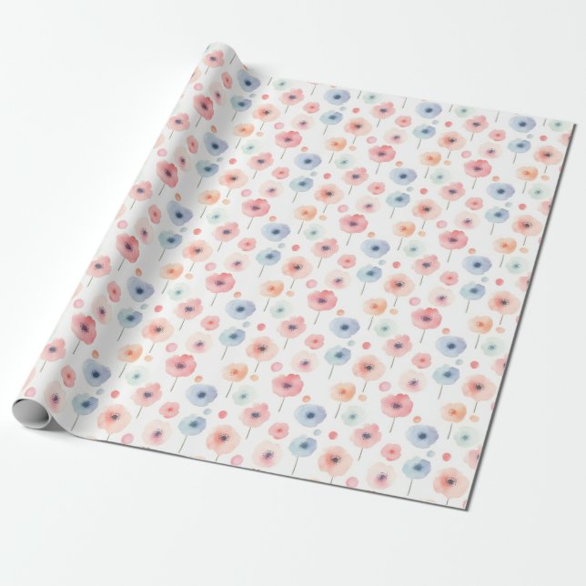 Papier Cadeau Fleurs arc-en-ciel pastel sur fond blanc (Déroulé)