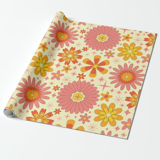 Papier Cadeau Fleurs atomiques rétro avec explosions d'étoiles s (Déroulé)