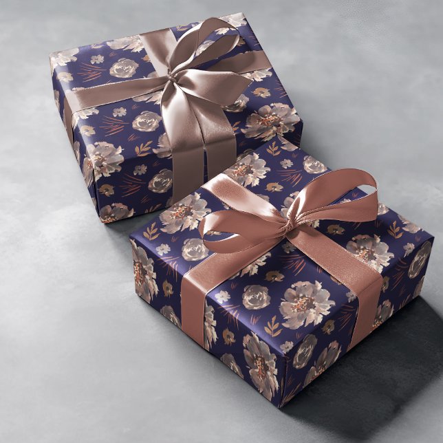 Papier Cadeau Fleurs Automnales Humeur Tombe aquarelle Motif Ble (Autumn flowers on blue pattern wrapping paper.)