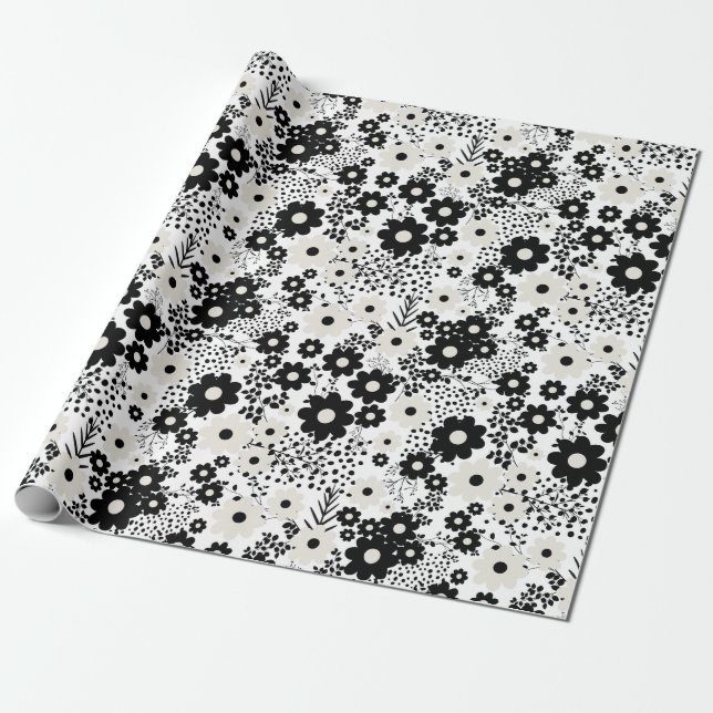Papier Cadeau Fleurs beige et noire (Déroulé)