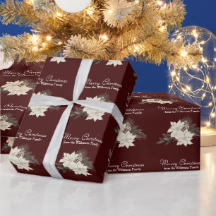 Papier Cadeau Fleurs blanches d'hiver Joyeux Noël Bourgogne