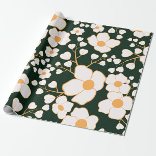 Papier Cadeau Fleurs blanches et Arrière - plan vert Centre Jaun