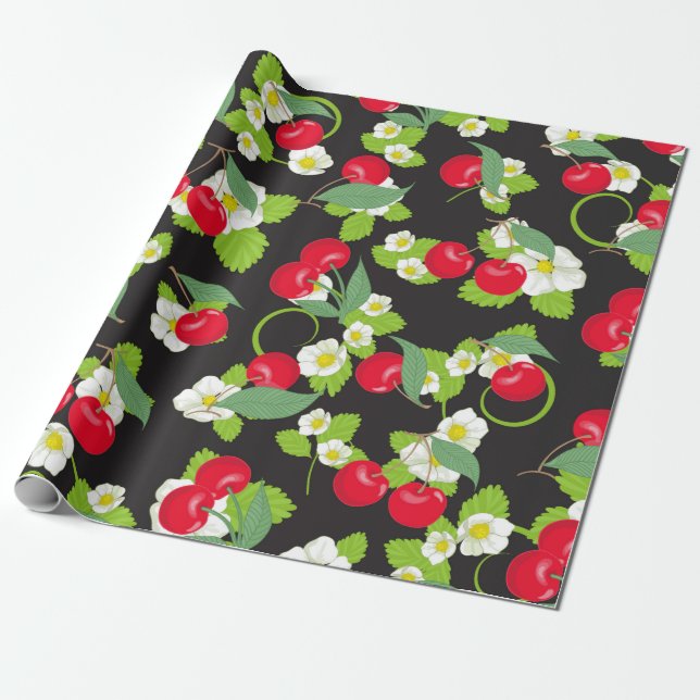 Papier Cadeau Fleurs blanches jolies feuilles vertes fruit ceris (Déroulé)