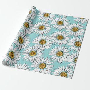 Papier Cadeau Fleurs blanches marguerites sur Pat vintage bleu s