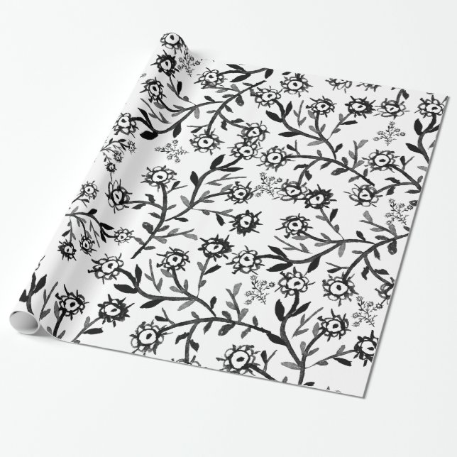 Papier Cadeau Fleurs blanches noires tirées par la main (Déroulé)