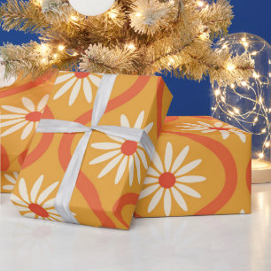 Papier Cadeau Fleurs blanches rétro sur ogee orange du milieu du