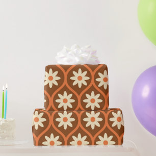Papier Cadeau Fleurs blanches rétro sur ogee vintage marron