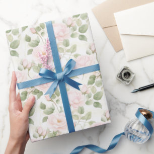 Papier Cadeau Fleurs blanches roses blush Shower de mariage