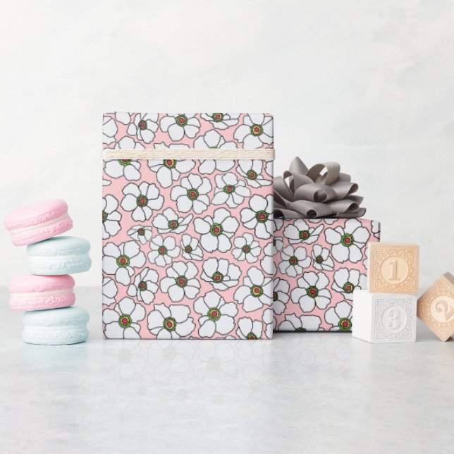 Papier Cadeau Fleurs blanches sur fond rose tendre (Baby Shower)